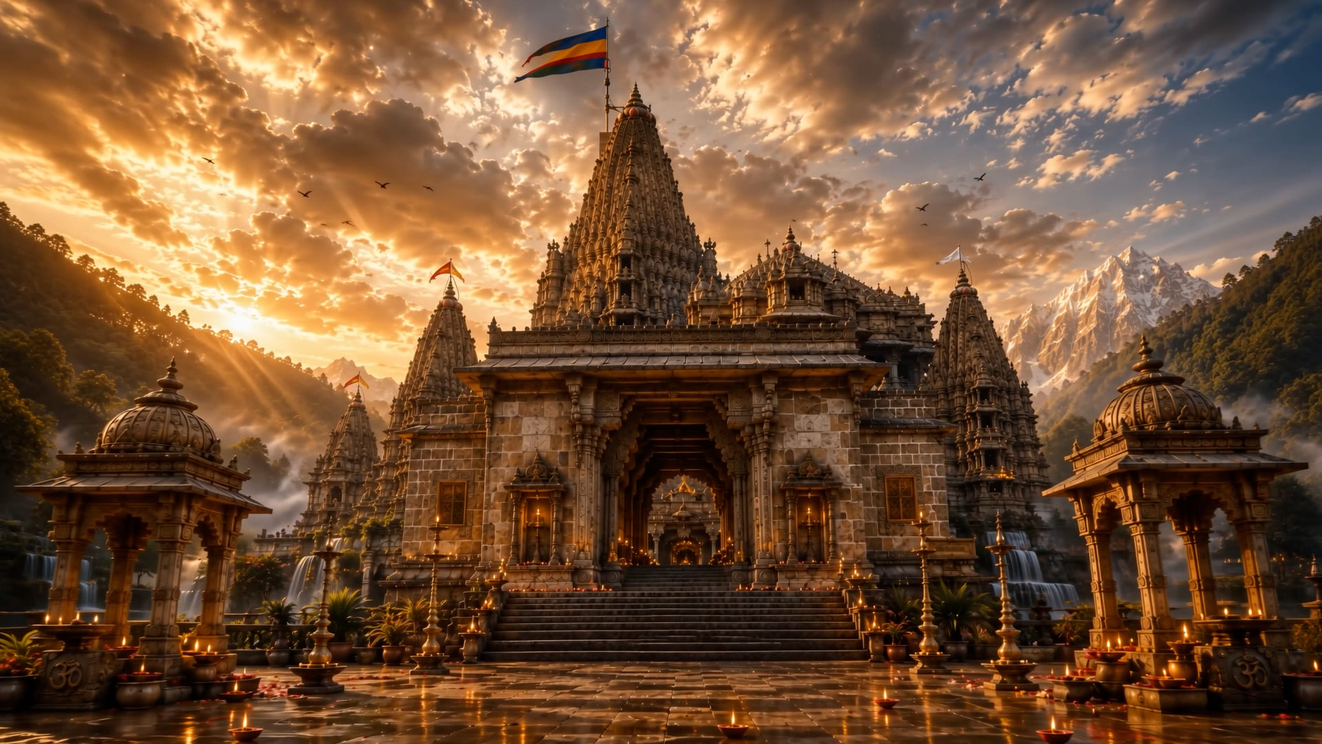 A grand temple crowning a misty, forested valley at golden hour, lit lamps lining the stone plaza